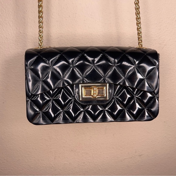 SMALL BLACK GOLD JELLY PURSE SMALL GOTH GLAM QUILTED LOOK - Picture 14 of 15